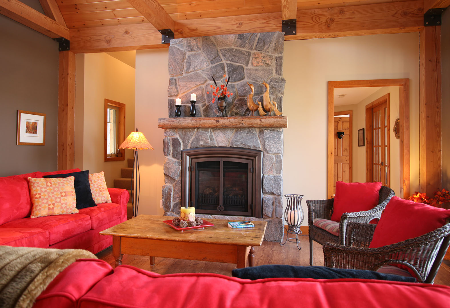 architect designed new lakefront cottage - parry sound - timber-frame family room fireplace 